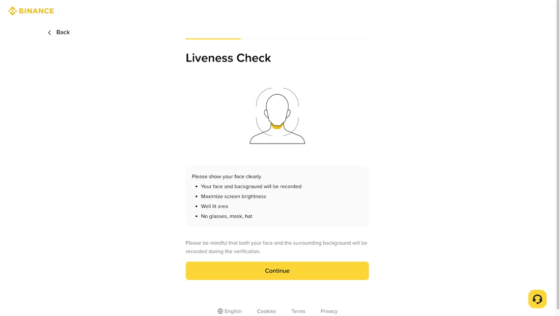 Binance 身分驗證的臉部活體檢測畫面(Liveness Check)與注意事項