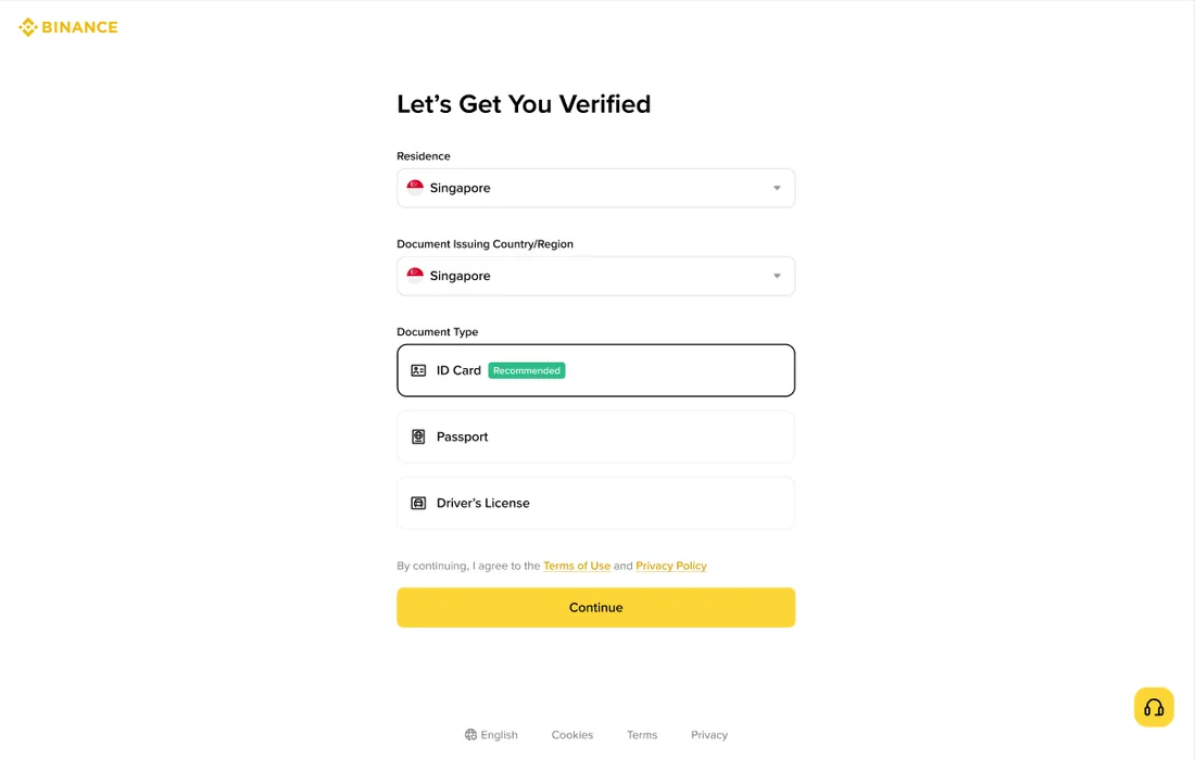 Binance 身分驗證第一步畫面:選擇居住地與證件類型(Let's Get You Verified)