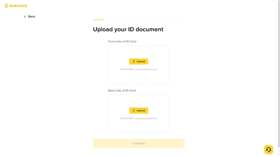 Binance 身分驗證上傳證件畫面(Upload your ID document):證件正面與背面兩個上傳框